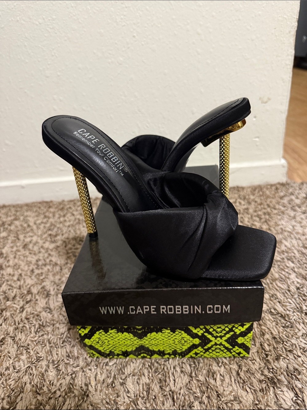 Cape Robbin Black Satin Heels with Gold Chain Stiletto